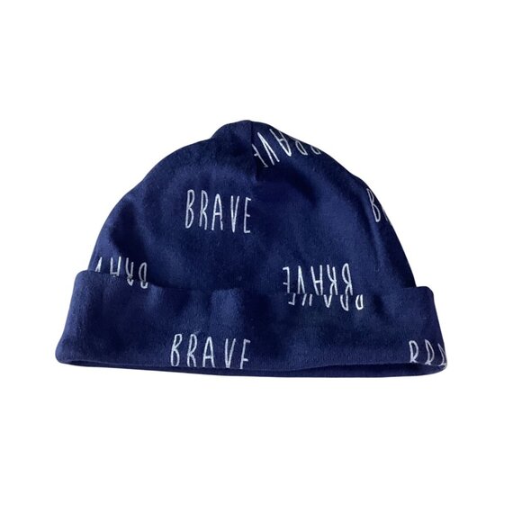 Gerber Baby Girl Beanie Cap 0-6 Months Navy Blue “Brave” Print 100% Cotton - Picture 1 of 6